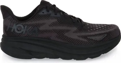A black Hoka One One M Clifton 9 running shoe is shown from the side against a white background.