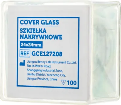 Obrázek produktu pro Krycí sklíčka pro mikroskop, čtvercová, 24 × 24 mm, sada po 5 × 100 kusech.