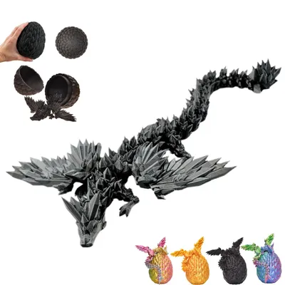 Zdjęcie produktu dla Smok 3D ze skrzydłami w jaju – figurka smoka o wysokości 20 cm z jajkiem o średnicy 10 cm | Czarny smok-niespodzianka | Ruchoma figurka fantasy – zabawka i przedmiot kolekcjonerski