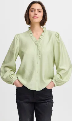 Produktbild von Ichi IXLAYA Damen Bluse Shirt Blusenshirt mit Rüsschen Puffärmel V-Ausschnitt Knöpfen Regular fit