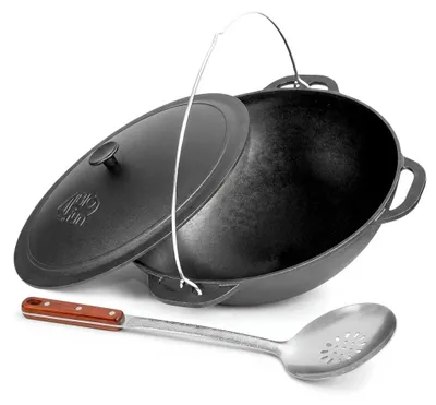Produktbild von Kazan 15 L mit Gusseisendeckel Edelstahl Schaumkelle Schwenktopf Asia Wok Kasan Kessel Traditioneller Gusstopf eingebrannt