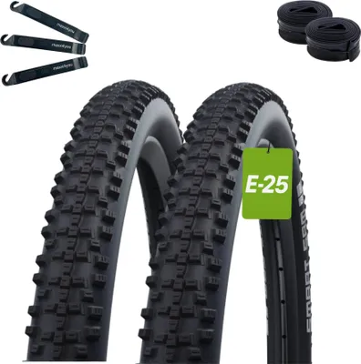 Produktbild von 2 x Schwalbe Smart Sam ADDIX Performance Line E-25 Fahrradreifen Schwarz 57-559 (26 x 2,25") + 2 x Schwalbe Schläuche DV13 inkl. maxxi4you Reifenheber