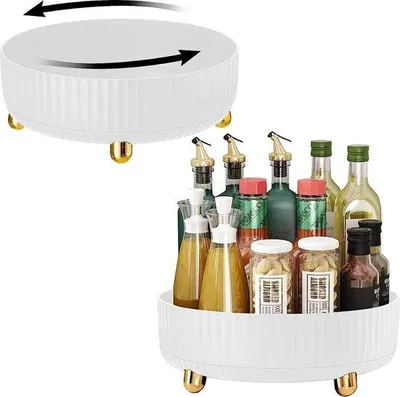 Image de Unyqoos® Plateau tournant "Lazy Susan" – Organisateur de cuisine rotatif (diamètre 29 cm), en plastique, rotation à 360°, antidérapant, blanc avec compartiments