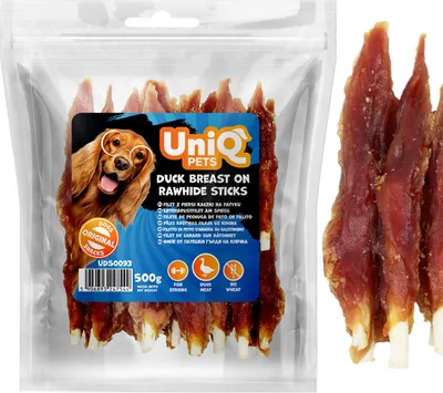 Immagine prodotto di 500 g di filetto di petto d'anatra UNIQ PETS su un bastoncino di pelle di manzo
