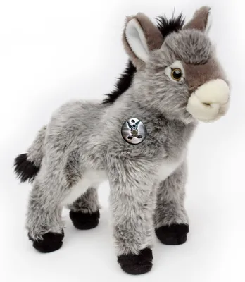 A stuffed toy donkey standing on a white background.