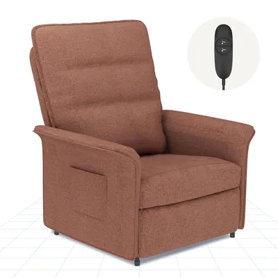 A brown upholstered recliner chair with a remote control shown in a circular inset.