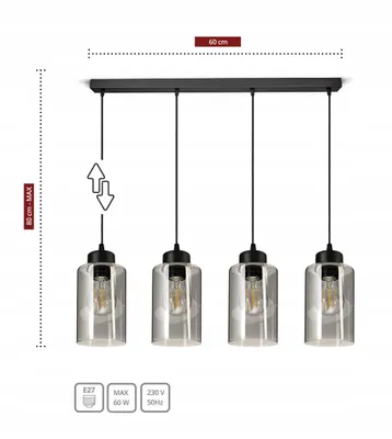 A diagram showing a four-light pendant lamp with dimensions and specifications.