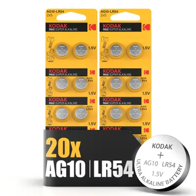Produktbild von Kodak AG10 LR54 Knopfzelle Uhrenbatterie Markenqualität Alkaline 20 Stück AG10 für Uhren Taschenrechner Laserpointer Thermometer Fernbedienung