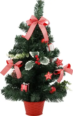 Produktbild von KLEIN künstlicher Weihnachtsbaum, rot mit Stechpalmen im Topf, GESCHMÜCKT 60 cm