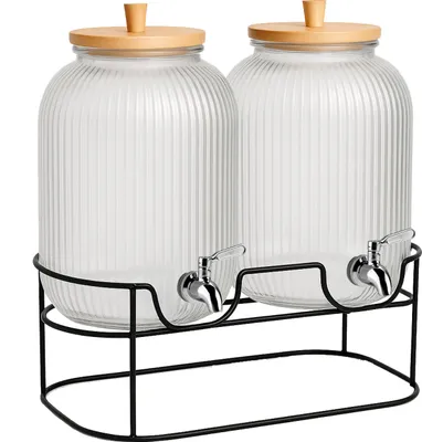 Zdjęcie produktu dla SuperButelki - 2x Słój szklany 5L na metalowym stojaku ryflowany z kranikiem na lemoniadę, wodę, z pokrywką, kranik ze stali nierdzewnej, 2 x 5000 ml