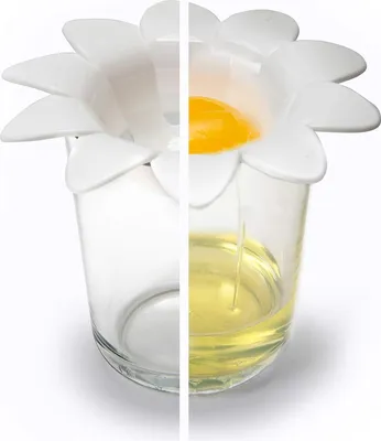A split image showing a white daisy-shaped egg separator on a glass cup. The left side shows the empty separator and cup, while the right side shows an egg yolk in the separator and egg white dripping into the cup.