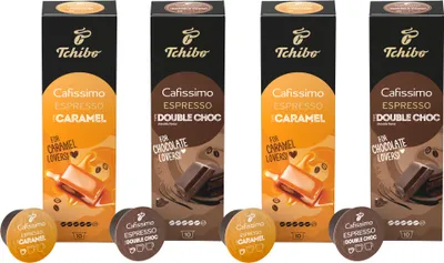 Produktbild von Tchibo Cafissimo Probierset Flavoured Edition Espresso Caramel & Espresso Double Chocolate, 40 Stück (4x 10 Kaffeekapseln), nachhaltig & fair gehandelt