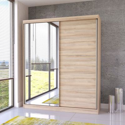 Schwebetürenschrank Kleiderschrank Schrank 183 cm Sonoma Eiche/Sonoma Eiche mit Spiegel Bella 03