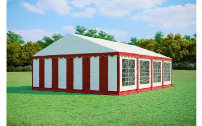 Obrázek produktu pro Párty stan 6x8 m PREMIUM – PVC 500 g/m² s protipožární úpravou, spodní rám + střešní výztuhy, až 96 osob - Červeno-bílá