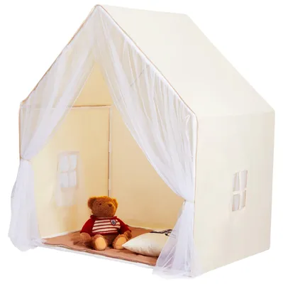 Productafbeelding van VEVOR kinderspeeltent, kindertent voor kinderen van 1-5 jaar, peutertent met mat en tentlamp, tent voor kinderen met ramen, geschikt voor binnen en buiten, tipi-tent beige, 1 deur, 2 ramen