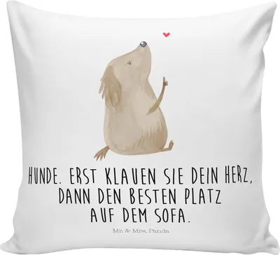 Produktbild von Mr. & Mrs. Panda zier kissen Hund Liebe - Weiß - Geschenk, kuschelkissen 40x40, Hundeliebe, zierkissen, Sprüche, Sofakissen, Herz, bedruckt, Deko