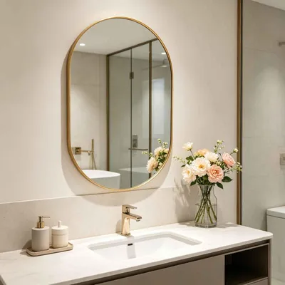 Immagine prodotto di Specchio da parete Zimilo ovale con cornice dorata, 80x50 cm, specchio da bagno con vetro di sicurezza, riflessione nitida, per bagno, camera da letto e soggiorni