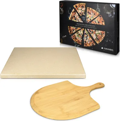 Produktbild von Navaris Pizzastein für Backofen Grill aus Cordierit - 38x30cm Pizza Stein für Ofen mit Pizzaschaufel - Gasgrill Herd Teller rechteckig in Beige