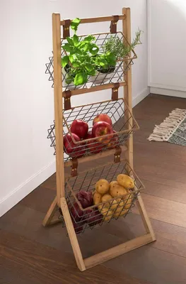 Produktbild von Standregal aus Holz mit 3 Körben aus Metall, 91 cm hoch, Badregal, Küchenregal