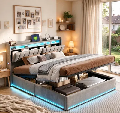 Imagen del producto de Cama tapizada BPKADHY de 160x200 cm con LED, USB, espacio de almacenamiento, cama doble, cama juvenil con cajón, somier, espacio de almacenamiento hidráulico, color gris terciopelo