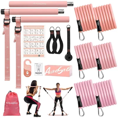 Image de Kit de barre Pilates avec bandes de résistance 20-180lbs, comprenant 6 bandes, un système de fixation pour porte et des poignées