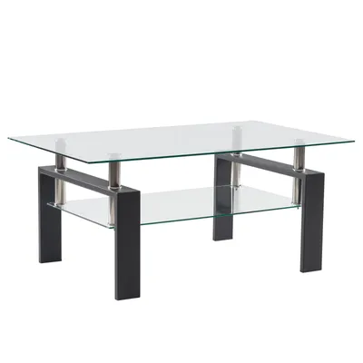 Image de FCH Table basse en verre thermique transparent, rectangulaire, table basse, avec étagère, noir, 100x60 x 43 cm