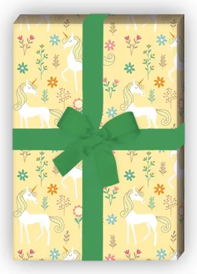 Produktbild von zauberhaftes Kinder Geschenkpapier mit Einhorn, gelb - G8112, 32 x 48cm