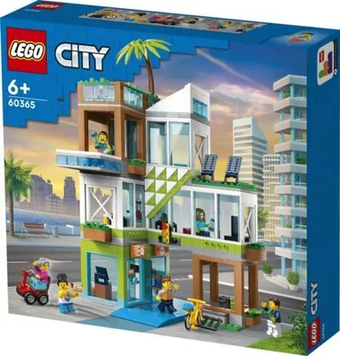 Produktbild von LEGO 60365 City Appartementhaus Set, Konstruktions-Spielzeug mit Eckladen, Wohnzimmer, Küche und Schlafzimmer, mit Scooter, Fahrrad, 6 Minifiguren und einer Straßenplatte