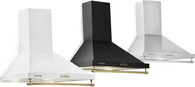 Three kitchen range hoods in different colors (white, black, and silver) are displayed side-by-side against a white background.