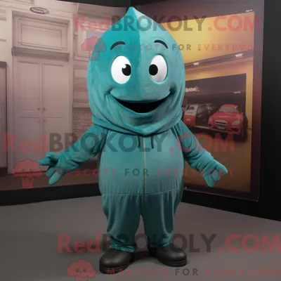 Productafbeelding van Mascot REDBROKOLY karakter van een groenblauw groene boon gekleed met een capuchon en stropdassen