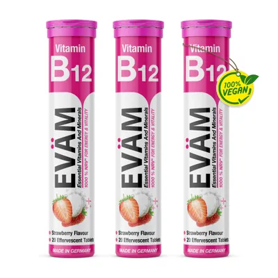 Produktbild von EVÄM Vitamin B12 Brausetabletten hochdosiert 1.000 % NRV, Vegan mit Erdbeergeschmack Brausetabletten, 3er Röhrchen mit 60 St.