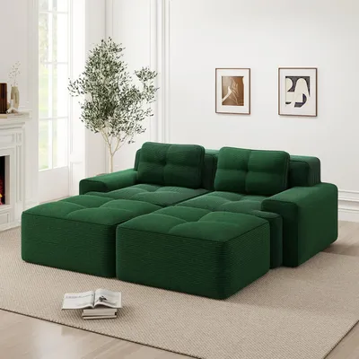 Produktbild von Cloud Modulsofa Boneless U-förmiges Sofa, bequemes Corduroy-Cloud-Sofa, Modulares Sofa mit Ottoman, Modulares Zweisitzer-Sofa, 2-Sitzer Sofa mit Tiefem Sitz für Wohnzimmer, Montagefreies Sofa, Grün