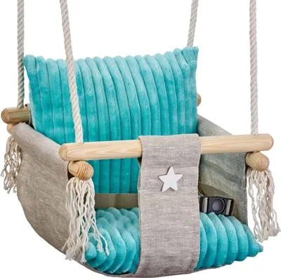 Produktbild von Love Gifts® Babyschaukel aus Holz hochwertig und geeignet als indoor Schaukel, montierbar an der Decke sowie im Türrahmen, Minze, EU