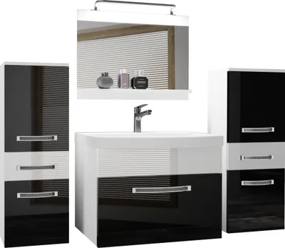 Produktbild von BELINI Badmöbel Vollausstattung Set Waschbeckenschrank, 2x kleiner Schrank, Waschbecken, Spiegel, Lampe (Schwarz/ Weiss, Glänzend)