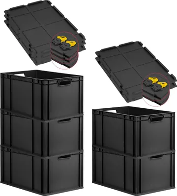 Produktbild von SuperSparSet 5x Eurobox NextGen Grip mit Scharnierdeckel und gelben Schiebeschnappverschlüssen | HxBxT 32x40x60cm | 65 Liter | Schwarz | Griffe offen | Verstärkter Boden | Eurobehälter, Transportbox, Transportbehälter, Stapelbehälter