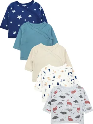 Produktbild von TupTam Baby Jungen Langarm Wickelshirt Baumwolle 5er Set, Farbe: Blau_Sternen_Beige_Bären_Dino, Größe: 62