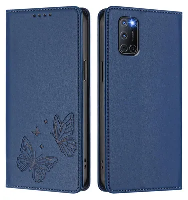 Image de Étui en cuir pour Oppo A52 / A92 / A72 4G, motif papillon en relief, étui à rabat avec porte-écran, bleu foncé