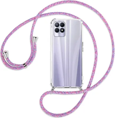 Produktbild von Handykette Backcover-Schutzhülle mit Band (Metall silberfarben) für Realme 8i - lila/rosa/blau