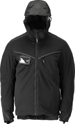 A studio shot of a black winter jacket.