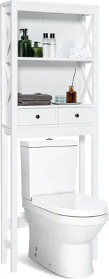 Produktbild von COSTWAY Badezimmerregal Toilettenschrank mit verstellbarer Bodenstange, 2 offenen Regalen und Schublade, Badschrank platzsparend weiß