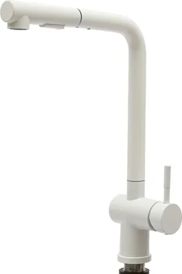 A white kitchen faucet is shown against a white background.