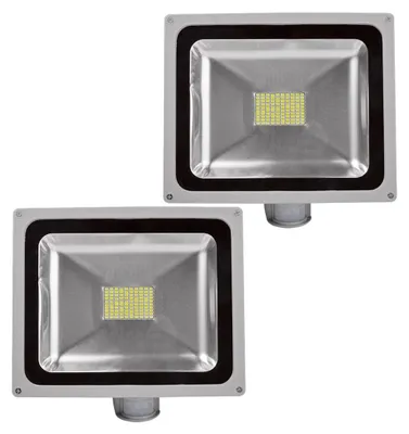 Two identical LED floodlights with motion sensors are shown against a white background.