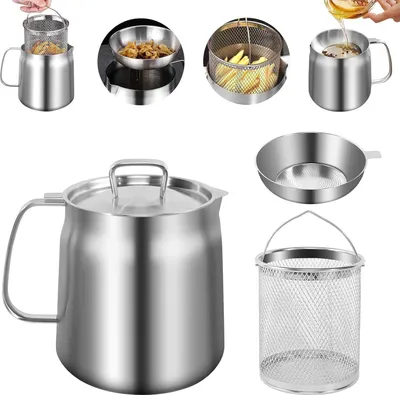 Produktbild von 1.5L Ölfiltertopf mit Sieb & Fritteusenkorb & staubdichter Deckel, 304 Edelstahl Ölfiltertopf für Küche, Multifunktions Ölbehälter Fettdose Aufbewahrung Brat- und Backfett