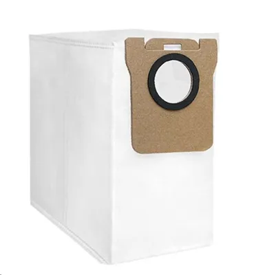 A white vacuum cleaner dust bag with a brown cardboard attachment and a black seal.