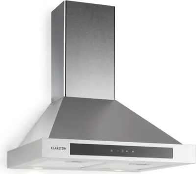 A stainless steel range hood is shown against a white background.