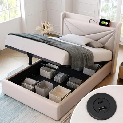 Image de MODFU Lit coffre 90 x 200 cm – Rangement sous le lit et USB – Beige