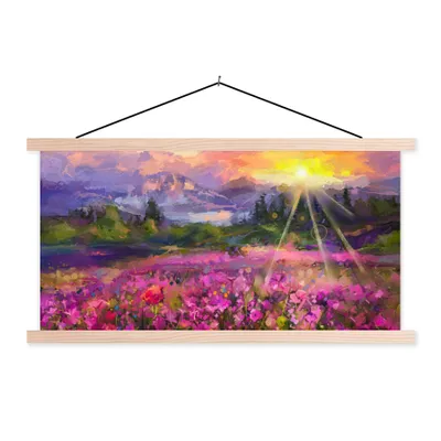 Produktbild von MuchoWow® Textilposter Gemälde - Ölfarbe - Blumen - Natur - Sonne 120x60 cm mit holzfarbenen Rahmen - Klemmleiste