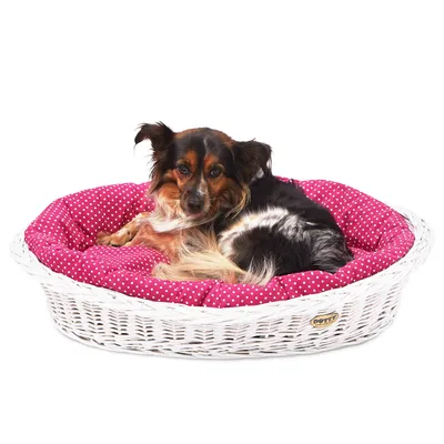 Produktbild von Weiß gebleichter Weidenkorb für Hunde Wikikorb mit Baumwoll-Hundebett – Rosa mit weißen Punkten Polka Dots – DOTTY