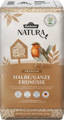 Produktbild von Dehner Natura Premium Wildvogelfutter, halbe / ganze Erdnüsse schalenfrei, Ganzjahresfutter proteinreich / energiereich, hochwertiges Vogelfutter für Wildvögel, 20 kg