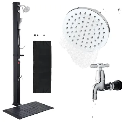 Productafbeelding van VEVOR Zonne douche, 40 liter, tuindouche, 2290 mm, buitendouche, inclusief vloerplaatset, hand- en voetdouche, warm- en koudwaterregeling, campingdouche voor tuin, zwembad, strand, zwart